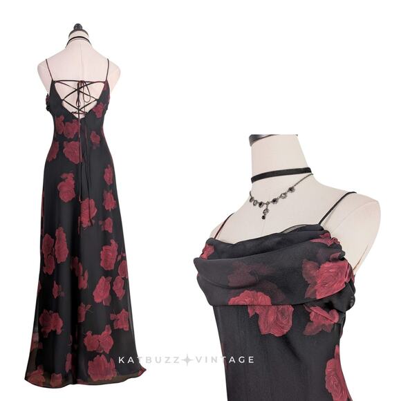 Vintage Betsy Adam Prom Dress Maxi Gown 6 Black Red 90s Y2K Floral Fairy Goth - Picture 2 of 8